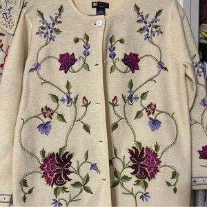 Carole Little Beige Cardigan with Purple and Green Floral Embroidery